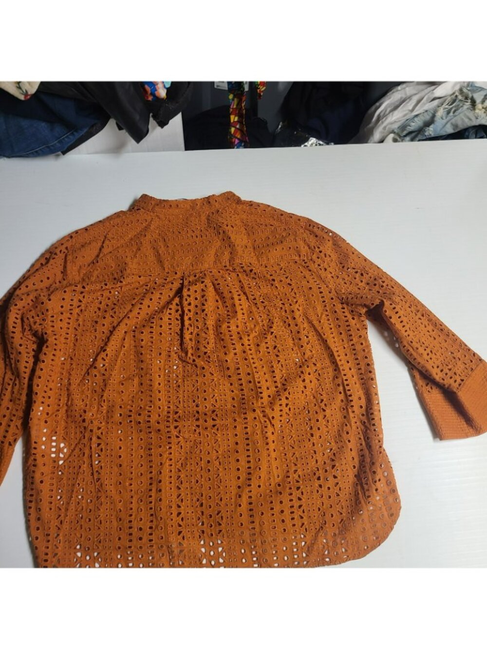 Zara Shirt Large Burnt Orange Eyelet 3112 913 3/4 Sleeve - Picture 6 of 8
